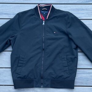 Tommy Hilfiger; Water-Resistant Black; Bomber Jacket; Navy/Red Mesh Interior; M